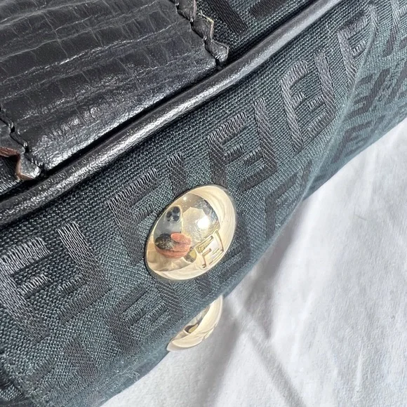 FENDI Zucchino Black Canvas Leather Trim Tote Shoulder Bag Made in Italy